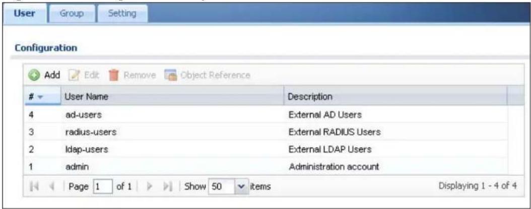 User Group Setting Configuration Add Edit Remove Object Reference User Name Description 4 ad-users External AD Users 3 radius-users External RADIUS Users 2 ldap-users External LDAP Users 1 admin Administration account Page 1 of 1 Show 50 items Displaying 1 - 4 of 4