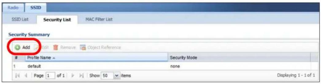 Radio SSID SSID List Security List MAC Filter List Security Summary Add Edit Remove Object Reference Profile Name Security Mode 1 default none Page 1 of 1 Show 50 items Displaying 1 - 1 of 1