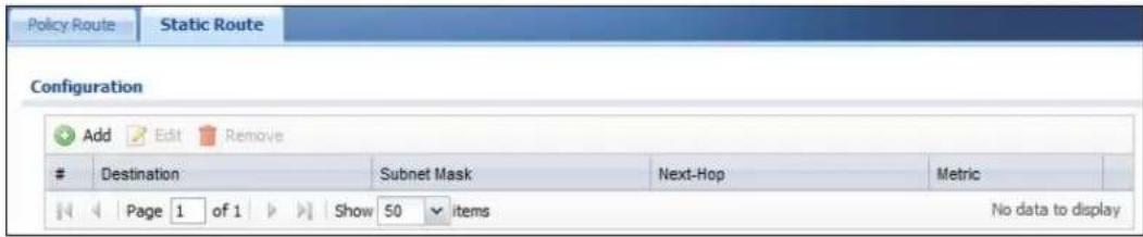 Policy Route Static Route Configuration Add Edit Remove Destination Subnet Mask Next-Hop Metric Page 1 of 1 Show 50 items No data to display