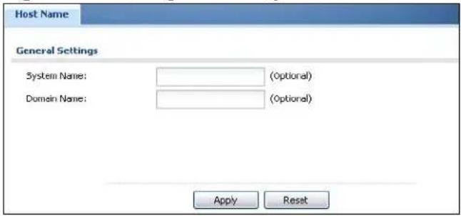 Host Name General Settings System Name: (Optional) Domain Name: (Optional) Apply Reset