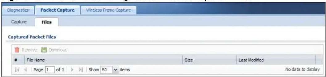 Diagnostics Packet Capture Wireless Frame Capture Capture Files Captured Packet Files Remove Download # File Name Size Last Modified Page 1 of 1 Show 50 items No data to display
