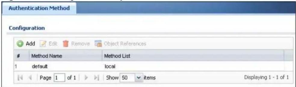 Authentication Method Configuration Add Edit Remove Object References Method Name Method List 1 default local Page 1 of 1 Show 50 items Displaying 1 - 1 of 1
