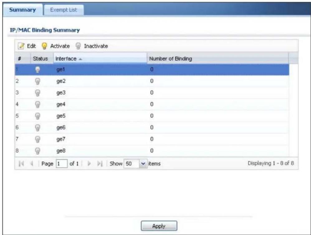 Summary Exempt List IP/MAC Binding Summary Edit Activate Inactivate Status Interface Number of Binding ge1 0 ge2 0 ge3 0 ge4 0 ge5 0 ge6 0 ge7 0 ge8 0 Page 1 of 1 Show 50 items Displaying 1 - 8 of 8 Apply