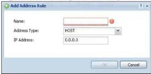 Add Address Rule Name: Address Type: HOST IP Address: 0.0.0.0 OK Cancel