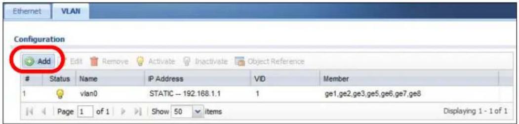 Ethernet VLAN Configuration Add Edit Remove Activate Inactivate Object Reference Status Name IP Address VID Member 1 vlan0 STATIC -- 192.168.1.1 1 ge1,ge2,ge3,ge5,ge6,ge7,ge8 Page 1 of 1 Show 50 items Displaying 1 - 1 of 1