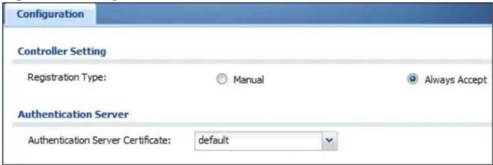 Configuration Controller Setting Registration Type: Manual Always Accept Authentication Server Authentication Server Certificate: default