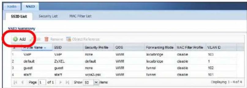 RSSID List Security List MAC Filter List RSSID Summary Add Remove Object Reference Profile Name SSD Security Profile QOS Forwarding Mode MAC Filter Profile VLAN ID VoP VoP none WWM locabridge disable 103 default ZyXEL default WWM locabridge disable 1 guest guest none WWM tunnel disable 102 staff staff wpa2-psk WWM tunnel disable 101 Page 1 of 1 Show 50 items Displaying 1 - 4 of 4