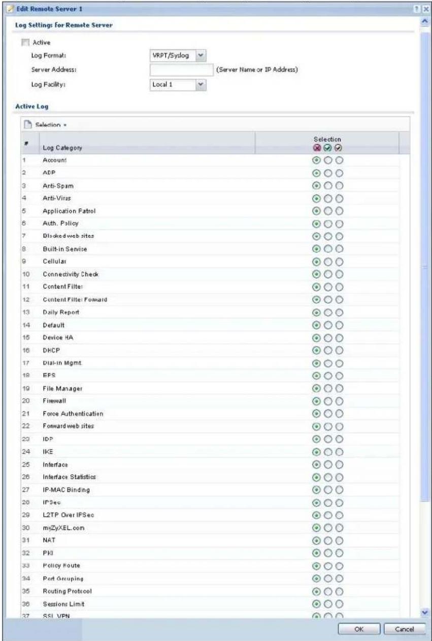 Edit Remote Server 1 Log Settings for Remote Server Active Log Format: VRPT/Sylog Server Address: (Server Name or IP Address) Log Facility: Local 1 Active Log Selection * Log Category Selection 1 Account ○○○ 2 ADP ○○○ 3 Anti-Spam ○○○ 4 Anti-Virus ○○○ 5 Application Patrol ○○○ 6 Auth. Policy ○○○ 7 Blocked web sites ○○○ 8 Built-in Service ○○○ 9 Cellular ○○○ 10 Connectivity Check ○○○ 11 Content Filter ○○○ 12 Content Filter Forward ○○○ 13 Daily Report ○○○ 14 Default ○○○ 15 Device HA ○○○ 16 DHCP ○○○ 17 Dial-In Mgmt ○○○ 18 EPS ○○○ 19 File Manager ○○○ 20 Firewall ○○○ 21 Force Authentication ○○○ 22 Forward web sites ○○○ 23 IDP ○○○ 24 IKE ○○○ 25 Interface ○○○ 26 Interface Statistics ○○○ 27 IP-MAC Binding ○○○ 28 IPSec ○○○ 29 L2TP Over IPSec ○○○ 30 myZyXEL.com ○○○ 31 NAT ○○○ 32 PKI ○○○ 33 Policy Route ○○○ 34 Port Grouping ○○○ 35 Routing Protocol ○○○ 36 Sessions Limit ○○○ 37 SSL VPN ○○○ OK Cancel