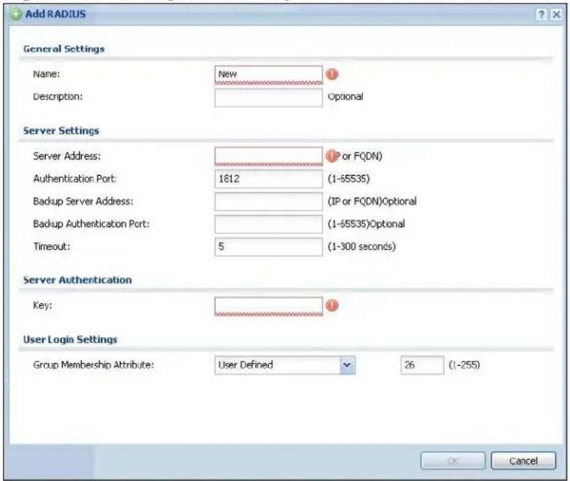 Add RADIUS General Settings Name: New Description: Optional Server Settings Server Address: (IP or FQDN) Authentication Port: 1612 (1-65535) Backup Server Address: (IP or FQDN)Optional Backup Authentication Port: (1-65535)Optional Timeout: 5 (1-300 seconds) Server Authentication Key: User Login Settings Group Membership Attribute: User Defined 26 (1-255) Cancel