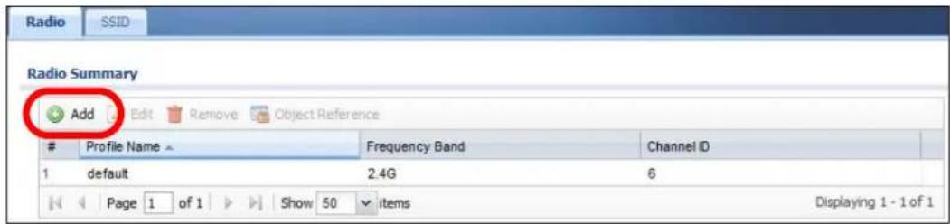 Radio Summary Add Edit Remove Object Reference Profile Name Frequency Band Channel ID 1 default 2.4G 6 Page 1 of 1 Show 50 items Displaying 1 - 1 of 1