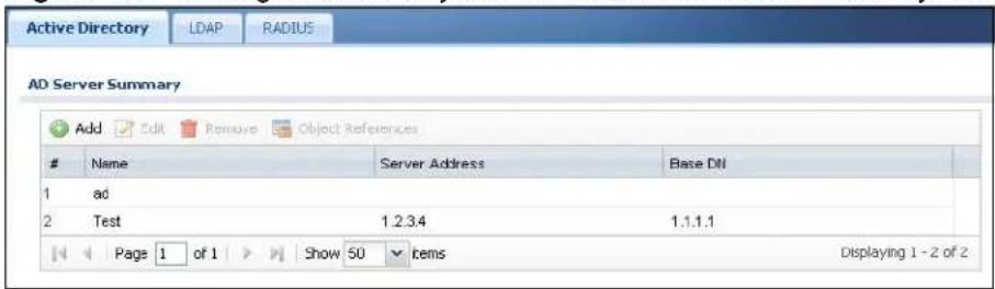 Active Directory LDAP RADIUS AD Server Summary Add Edit Remove Object References Name Server Address Base Dtl 1 ad 2 Test 1.2.3.4 1.1.1.1 Page 1 of 1 Show 50 items Displaying 1 - 2 of 2
