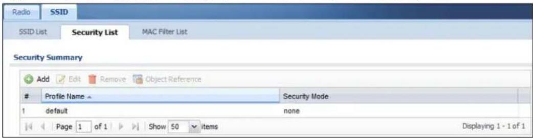 Radio SSID SSID List Security List MAC Filter List Security Summary Add Edit Remove Object Reference Profile Name ▲ Security Mode 1 default none Page 1 of 1 Show 50 items Displaying 1 - 1 of 1