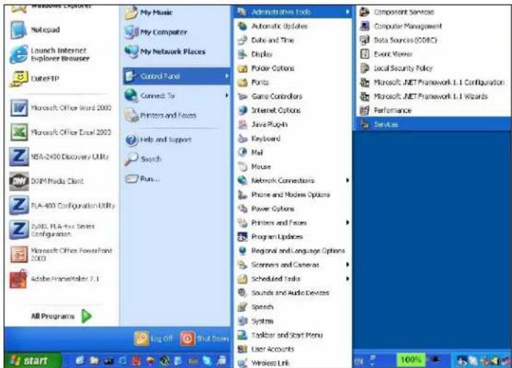 Windows Explorer Notepad Launch Internet Explorer Browser CubeFTP Microsoft Office Word 2000 Microsoft Office Excel 2003 MSA-2400 Discovery Utility DOOM Media Client PLA-400 Configuration Utility ZyQSL PLA-4x1 Series Configuration Microsoft Office PowerPoint 2003 Adobe Frameworker 7.1 All Programs My Music My Computer My Network Places Control Panel Connect To Printers and Frames Help and Support Search Run... Administrative Tools Automatic Updates Date and Time Display Folder Options Fonts Game Condlators Internet Options Java Plug-in Keyboard Mail Mouse Network Connections Phone and Modems Options Power Options Printers and Frames Program Updates Regional and Language Options Scramers and Cameras Scheduled Tasks Sounds and Audio Devices Speech System Toolbar and Start Menu User Accounts Wireless Link Component Services Computer Management Data Sources (ODBC) Event Viewer Local Security Policy Microsoft .NET Framework L.1 Configuration Microsoft .NET Framework L.1 Wizards Performance Services Log Off Shift Down Start