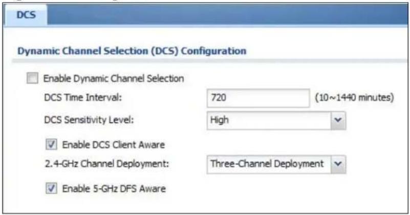 DCS Dynamic Channel Selection (DCS) Configuration Enable Dynamic Channel Selection DCS Time Interval: 720 (10~1440 minutes) DCS Sensitivity Level: High Enable DCS Client Aware 2.4-GHz Channel Deployment: Three-Channel Deployment Enable 5-GHz DFS Aware