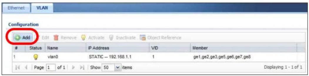 Ethernet VLAN Configuration Add Edit Remove Activate Inactivate Object Reference Status Name IP Address VID Member 1 vlan0 STATIC -- 192.168.1.1 1 ge1.ge2.ge3.ge5.ge6.ge7.ge8 Page 1 of 1 Show 50 items Displaying 1 - 1 of 1