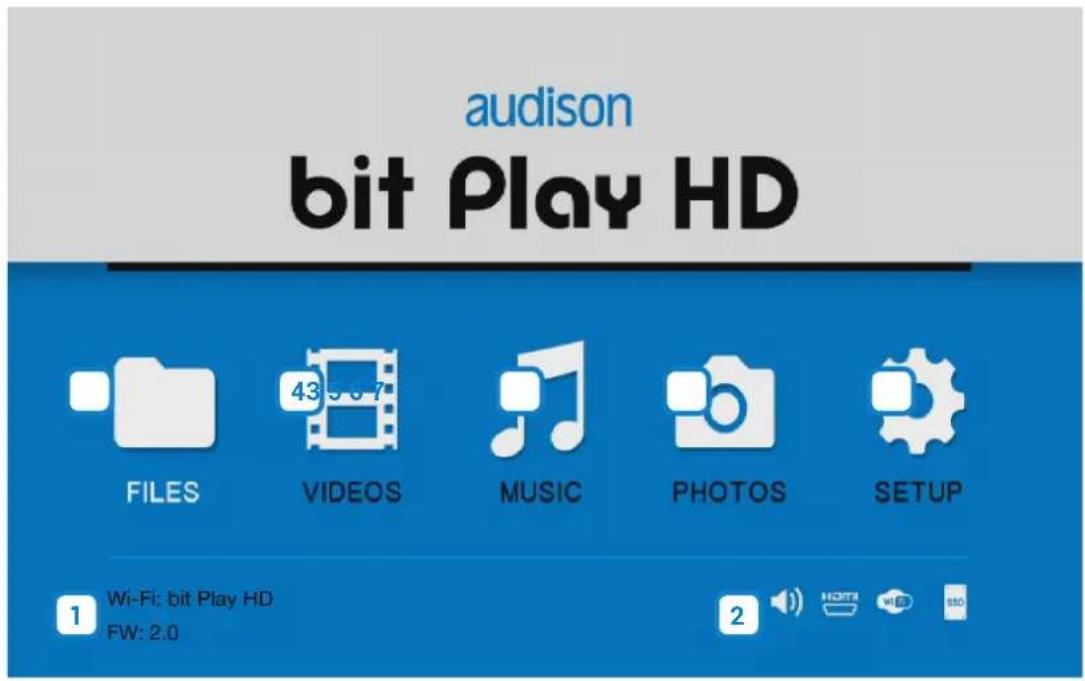 audison bit Play HD FILES 43 5 6 7 VIDEOS MUSIC PHOTOS SETUP 1 Wi-Fi: bit Play HD FW: 2.0 2