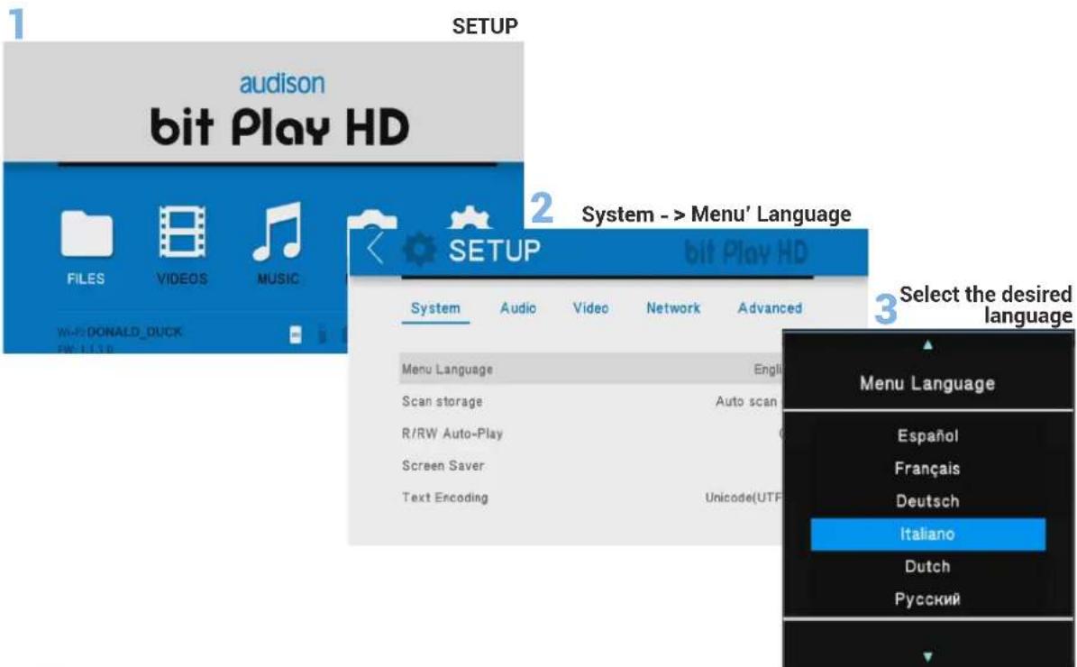 1 audison bit Play HD 2 System -> Menu' Language 3 Select the desired language 3 bit Play HD 2 SETUP SYSTEM Audio Video Network Advanced Menu Language English Scan storage Auto scan R/RW Auto-Play Screen Saver Text Encoding Unicode(UTF) Menu Language Español Français Deutsch Italiano Dutch Русский
