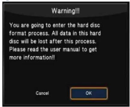 Warning!!! You are going to enter the hard disc format process. All data in this hard disc will be lost after this process. Please read the user manual to get more information!! Cancel OK