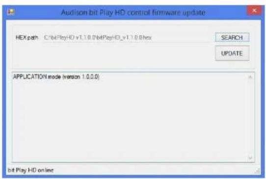 Audison bit Play HD control firmware update HEX path: C:\bitPlayHD v1.1.0\bitPlayHD_v1.1.0\hex SEARCH UPDATE APPLICATION mode (version 1.0.0.0) bit Play HD online