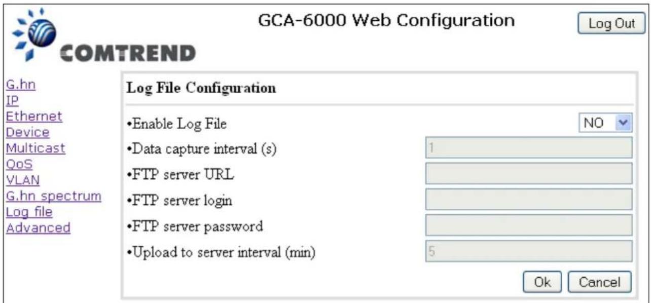 GCA-6000 Web Configuration Log Out COMTREND G.hn IP Ethernet Device Multicast QoS VLAN G.hn spectrum Log file Advanced Log File Configuration Enable Log File Data capture interval (s) FTP server URL FTP server login FTP server password Upload to server interval (min) NO 1 5 Ok Cancel