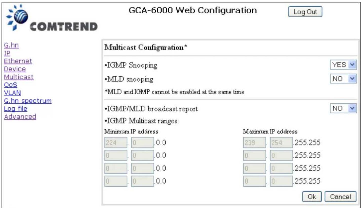 GCA-6000 Web Configuration Log Out COMTREND G.hn IP Ethernet Device Multicast QoS VLAN G.hn spectrum Log file Advanced Multicast Configuration* •IGMP Snooping YES •MLD snooping NO *MLD and IGMP cannot be enabled at the same time •IGMP/MLD broadcast report NO •IGMP Multicast ranges: Minimum IP address 224 0 .0.0 0 0 .0.0 0 0 .0.0 0 0 .0.0 Maximum IP address 239 254 .255.255 0 0 .255.255 0 0 .255.255 0 0 .255.255 Ok Cancel