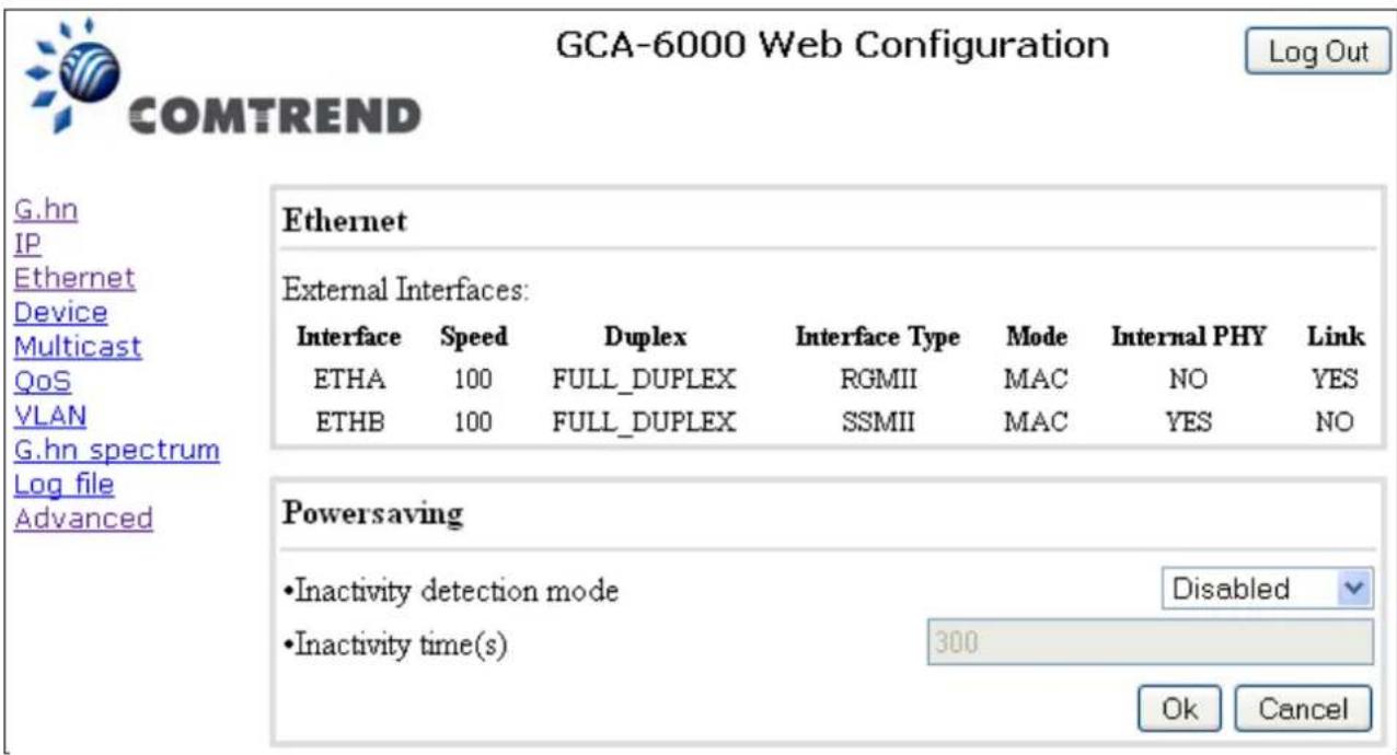 GCA-6000 Web Configuration Log Out COMTREND G.hn IP Ethernet Device Multicast QoS VLAN G.hn spectrum Log file Advanced Ethernet External Interfaces: Interface Speed Duplex Interface Type Mode Internal PHY Link ETHA 100 FULL_DUPLEX RGMII MAC NO YES ETHB 100 FULL_DUPLEX SSMII MAC YES NO Powersaving • Inactivity detection mode Disabled • Inactivity time(s) 300 Ok Cancel