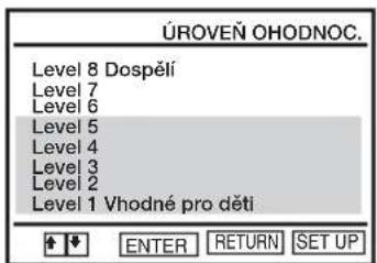 ÚROVEN OHODNOC. Level 8 Dospéli Level 7 Level 6 Level 5 Level 4 Level 3 Level 2 Level 1 Vhodné pro děti ENTER RETURN SET UP