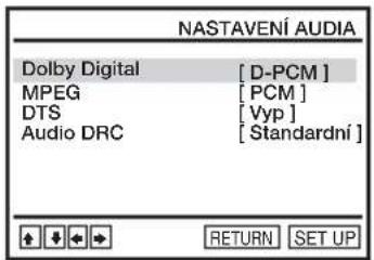 NASTAVENÍ AUDIA Dolby Digital [ D-PCM ] MPEG [ PCM ] DTS [ Vyp ] Audio DRC [ Standardní ] RETURN SET UP