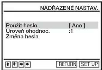 NADRAZENÉ NASTAV. Použit heslo [ Ano ] Úroveň ohodnoc. :1 Změna hesla RETURN SET UP