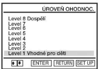 ÚROVEN OHODNOC. Level 8 Dospéli Level 7 Level 6 Level 5 Level 4 Level 3 Level 2 Level 1 Vhodné pro děti ENTER RETURN SET UP