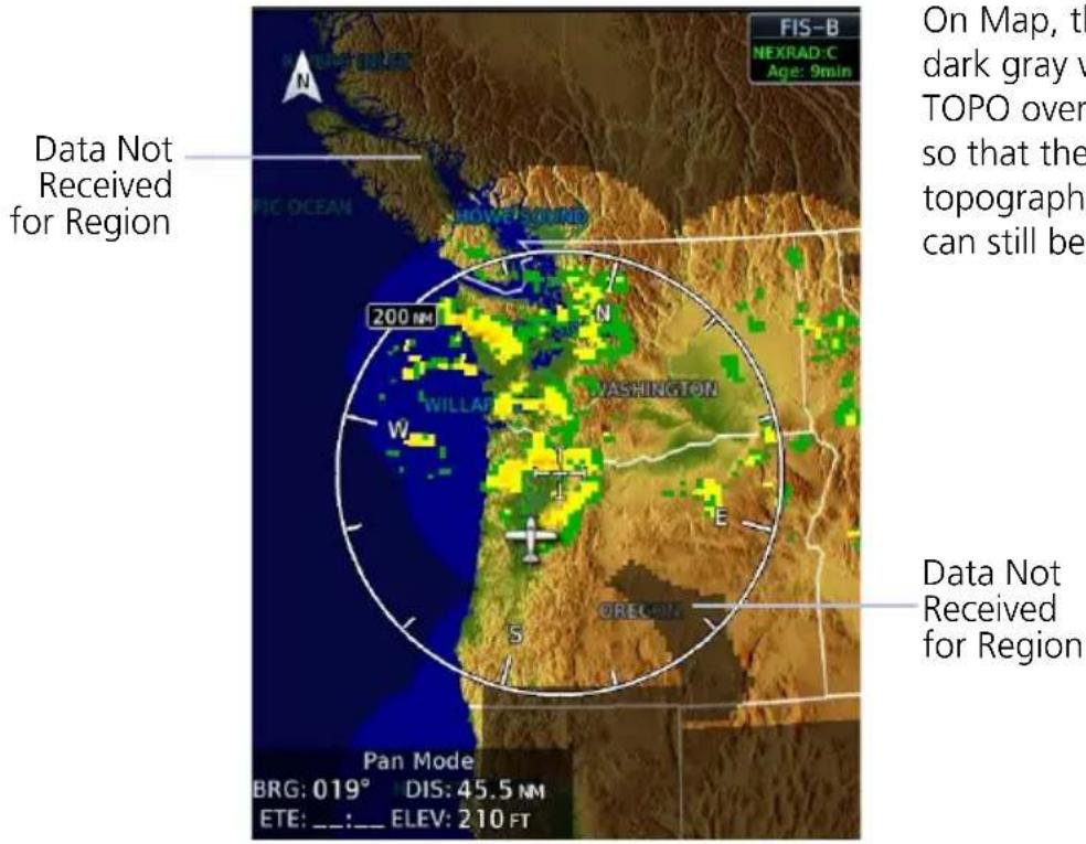 Data Not Received for Region 200 Nm WILLAR WASHINGTON N E OREGON FIS-B NEXRAD-C Age: 9min On Map, the dark gray v TOPO over so that the topographic can still be Data Not Received for Region Pan Mode BRG: 019° DIS: 45.5 NM ETE: _: ELEV: 210 FT
