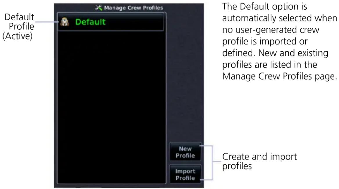 Manage Crew Profiles Default Profile (Active) The Default option is automatically selected when no user-generated crew profile is imported or defined. New and existing profiles are listed in the Manage Crew Profiles page. Default New Profile Import Profile Create and import profiles