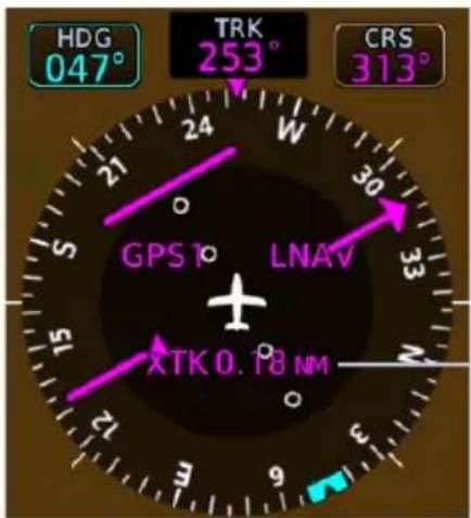 HDG 047° TRK 253° CRS 313° GPS TO LNAV XTK 0.18 NM