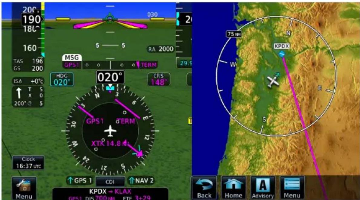 20° 190 180° 160 TAS 196 GS 200 ISA +0°C ↑ T 5 X 0 200° @ 5 Clock 16:37 UTC Menu GPS 1 CDI ↑ NAV 2 KPDX → KLAX GPS1 DIS 700 NM ETE 3+29 030 RA 2000 MSG GPS1 TERM 020° CRS 148° 30 3 6 7 8 9 10 11 12 13 14 15 16 17 18 19 20 75 Nm N KPDX W E S Back Home Advisory Menu