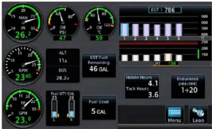 MAN IN 26.2 40 80 40 80 120 59 ALT 11A BU5 28.2V EST Fuel Remaining 46 GAL CHT 158 Hobbs Hours 4.1 Tach Hours 3.6 Endurance (HH+MM) 1+20 Fuel Used 5 GAL Menu Lean