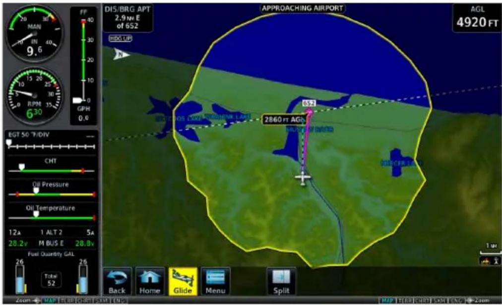 DIS/BRG APT 2.9 Nm E of 6S2 APPROACHING AIRPORT AGL 4920 FT NKG UP EQT 50 °F/DIV CMT Oil Pressure Oil Temperature 12A 1 ALT 2 5A 28.2v M BUS E 28.8v Fuel Quantity GAL 26 Total 52 26 Back Home Glide Menu Split MAP TERR CHRT SKAI ENG Zoom Zoom MAP TERR CHRT SXM TENG