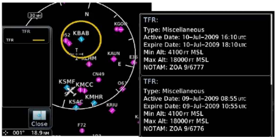 30 NM N TFR TFR KBAB KGO 052 KLHM KAUN E35 CN49 O67 KSMF KMCC KMHR KSAC KRIU F72 107 Close 001° 18.9 NM TFR: Type: Miscellaneous Active Date: 10-Jul-2009 16:10 UTC Expire Date: 10-Jul-2009 18:10 UTC Min Alt: 4100 FT MSL Max Alt: 18000 FT MSL NOTAM: ZOA 9/6777 TFR: Type: Miscellaneous Active Date: 09-Jul-2009 08:55 UTC Expire Date: 09-Jul-2009 10:55 UTC Min Alt: 4100 FT MSL Max Alt: 18000 FT MSL NOTAM: ZOA 9/6776