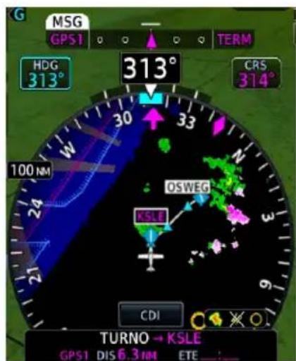 G MSG GPS1 TERM HDG 313° 313° CRS 314° 100 NM 24 OSWEG KSLE CDI TURNO → KSLE GPS1 DIS 6.3 NM ETE : : :
