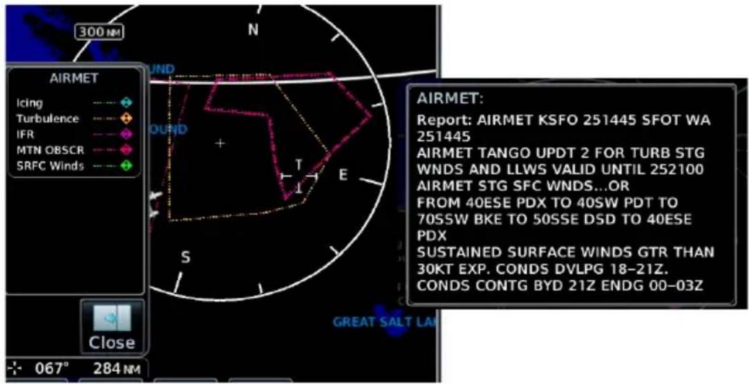 300 N N AIRMET Icing Turbulence IFR MTN OBSCR SRFC Winds S E T GREAT SALT LA Close 067° 284 N AIRMET: Report: AIRMET KSFO 251445 SFOT WA 251445 AIRMET TANGO UPDT 2 FOR TURB STG WNDS AND LLWS VALID UNTIL 252100 AIRMET STG SFC WNDs...OR FROM 40ESE PDX TO 40SW PDT TO 70SSW BKE TO 50SSE DSD TO 40ESE PDX SUSTAINED SURFACE WINDS GTR THAN 30KT EXP. CONDS DVLPG 18-21Z. CONDS CONTG BYD 21Z ENDG 00-03Z