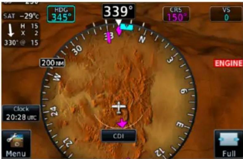 SAT -29°C HDG 345° 339° CRS 150° VS 0 H 15 X 2 330° @ 15 200 Nm Engine Clock 20:28 utc CDI Menu Full