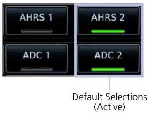 AHRS 1 AHRS 2 ADC 1 ADC 2 Default Selections (Active)