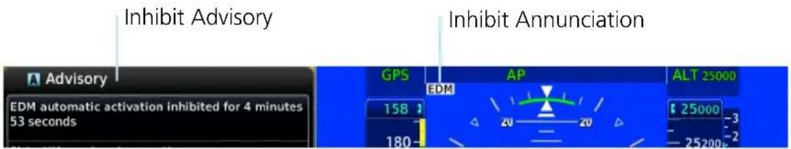 Inhibit Advisory Inhibit Annunciation Advisory EDM automatic activation inhibited for 4 minutes 53 seconds GPS AP ALT 25000 158 25000 180 25200