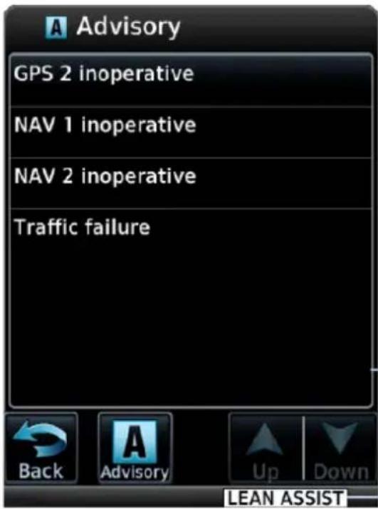 Advisory GPS 2 inoperative NAV 1 inoperative NAV 2 inoperative Traffic failure Back Advisory Up Down LEAN ASSIST
