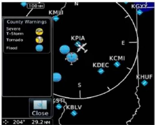 100 N KMUI KGYY County Warnings Severe T-Storm Tornado Flood KPIA E KCMI KDEC S KHUF Close KSTL KBLV 204° 29.2 NM