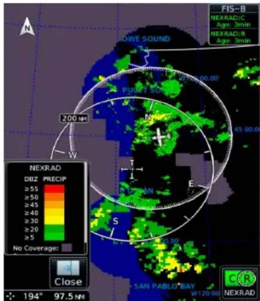 FIS-B NEXRAD:C Age: 3min NEXRAD:R Age: 3min LOWE SOUND PUGET SOUND 200 NM W 45.00.00 N E NEXRAD DBZ PRECIP ≥55 ≥50 ≥45 ≥40 ≥30 ≥20 ≥5 No Coverage: Close 194° 97.5 NM SAN PABLO BAY W120.00 C R NEXRAD
