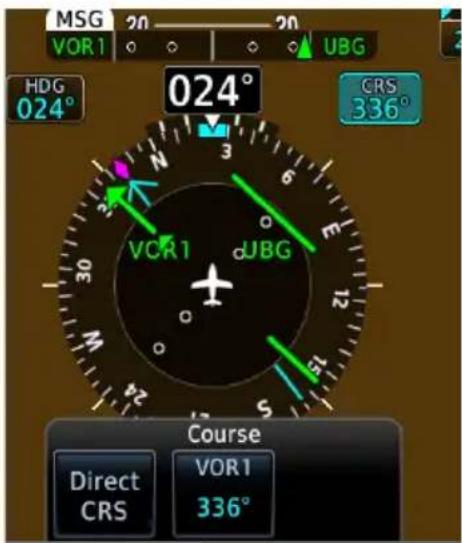 MSG VOR1 20 20 UBG HDG 024° 024° CRS 336° VCR1 dJBG Course Direct CRS VOR1 336°