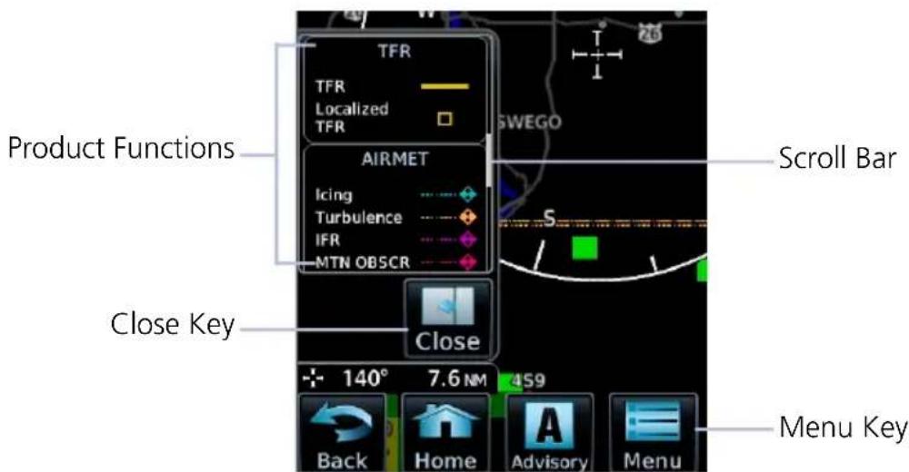 Product Functions TFR TFR Localized TFR AIRMET Icing Turbulence IFR MTN OBSCR Close Key Scroll Bar S Close 140° 7.6 NM 4S9 Back Home Advisory Menu Key