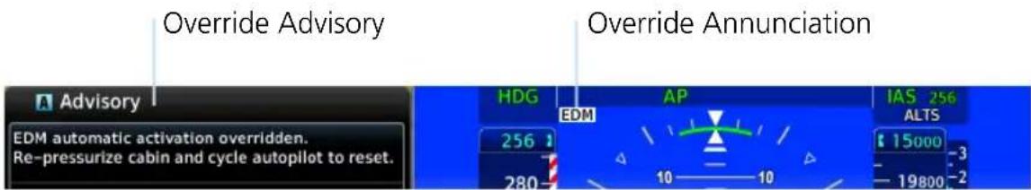 Override Advisory Override Annunciation Advisory EDM automatic activation overridden. Re-pressurize cabin and cycle autopilot to reset. HDG 256 280 AP 10 10 IAS 256 ALTS 15000 19800