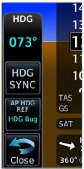 HDG 073° HDG SYNC AP HDG REF HDG Bug Close TAS GS SAT 360°