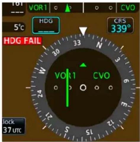 VOR1 HDG 5°C CRS 339° HDG FAIL VOR1 CVO lock 37 UTC
